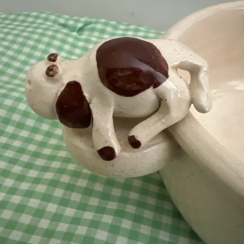 Sm Dog‎ Food Water Bowl White Dog Brown Spots Glazed Studio Pottery Signed 5